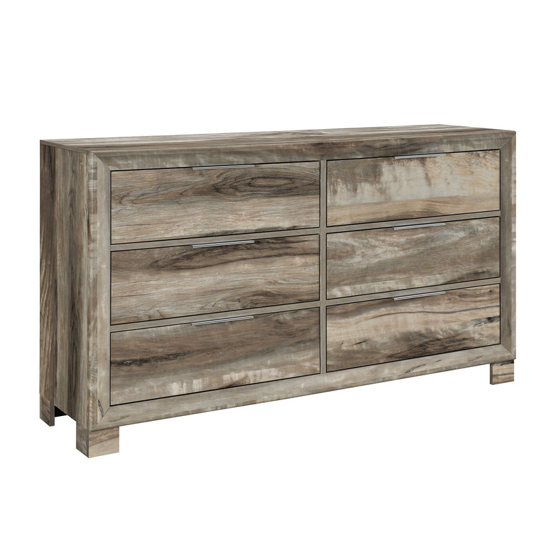 Distressed wood dresser with six drawers, gray-brown finish and simple metal pulls.