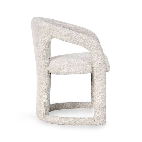 Cream upholstered dining chair with curved wooden frame, open back and cushioned seat