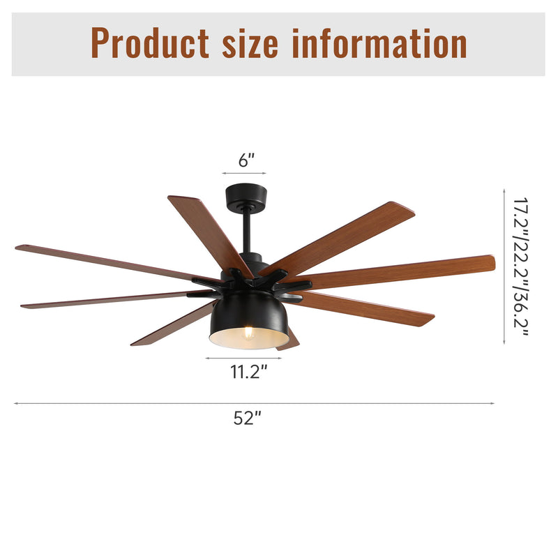Black 52-inch ceiling fan with light, shown with product dimensions diagram