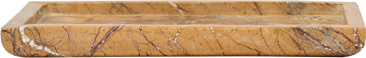 Light beige rectangular marble tray with long brown veining and raised rim
