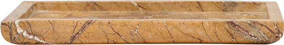 Light beige rectangular marble tray with long brown veining and raised rim
