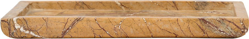 Light beige rectangular marble tray with long brown veining and raised rim