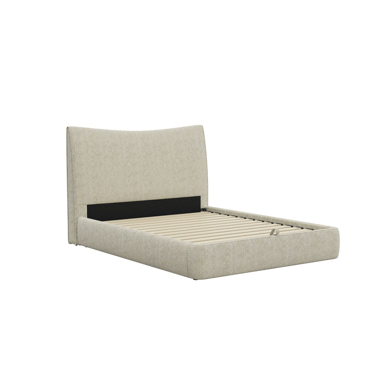Beige upholstered bed with tall headboard and lift-up storage base, slatted frame