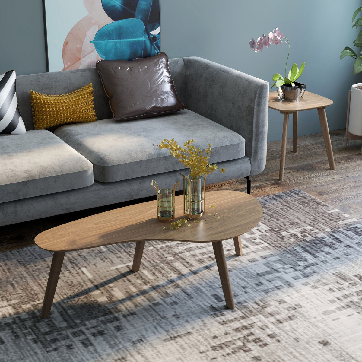 Brown oval coffee table with tapered wooden legs and rounded tabletop edges