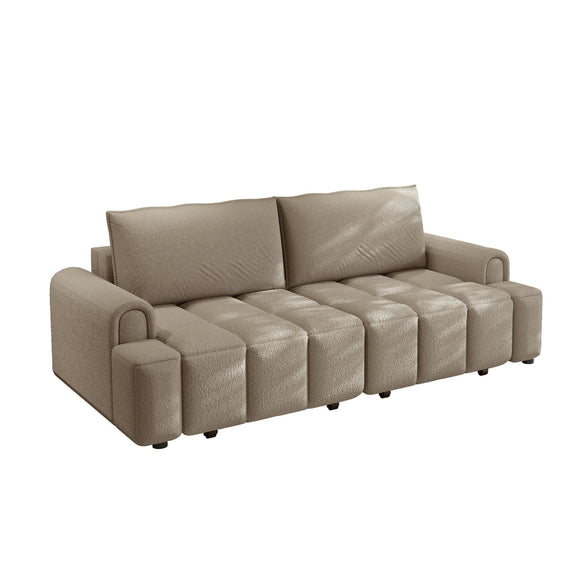 Light brown modern 4-seat couch with padded storage seats and boxy arms