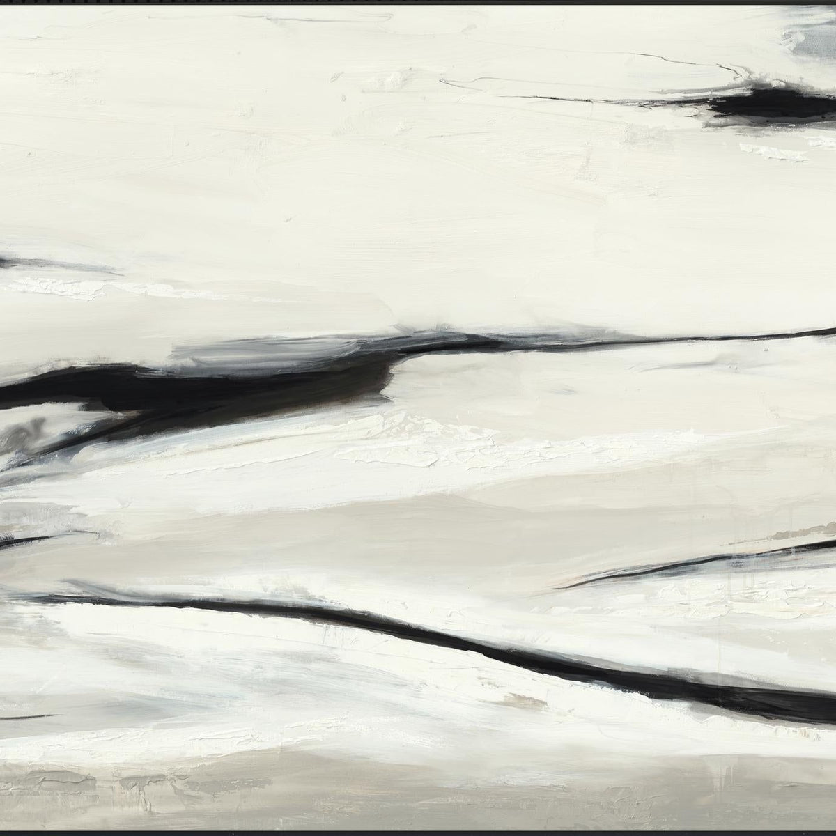 Abstract wall painting featuring dark curved strokes on a mostly white surface