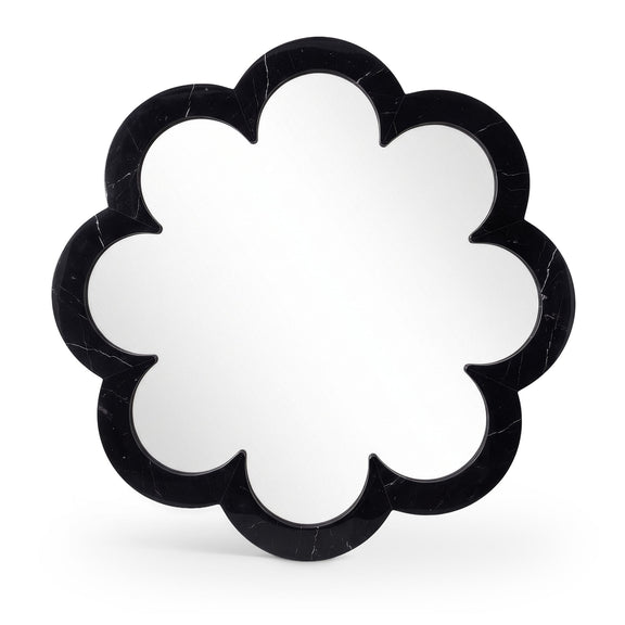 Black cloud-shaped frame mirror with scalloped edges and reflective glass center