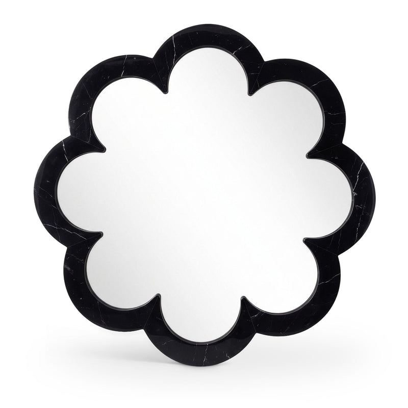 Black cloud-shaped frame mirror with scalloped edges and reflective glass center