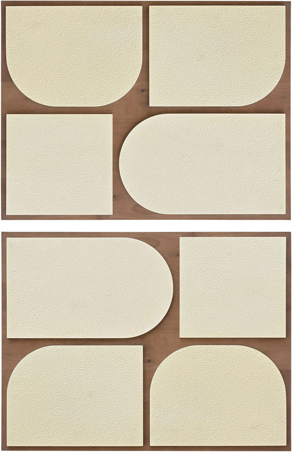 Geometric two-piece wall art with cream textured shapes in dark wood frames