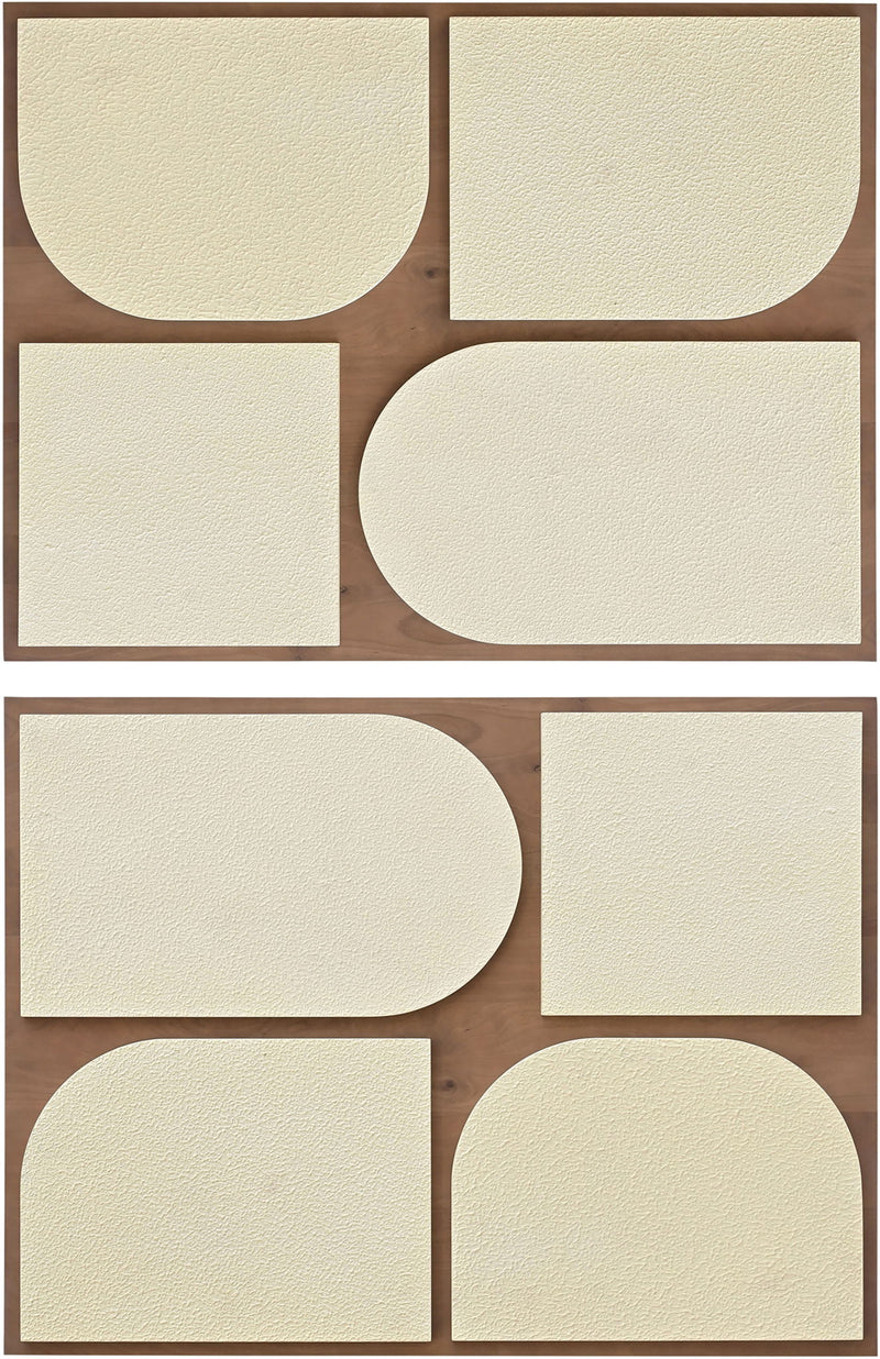 Geometric two-piece wall art with cream textured shapes in dark wood frames