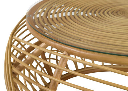 Dahlia - Round Glass Top Woven Rattan Coffee Table - Natural