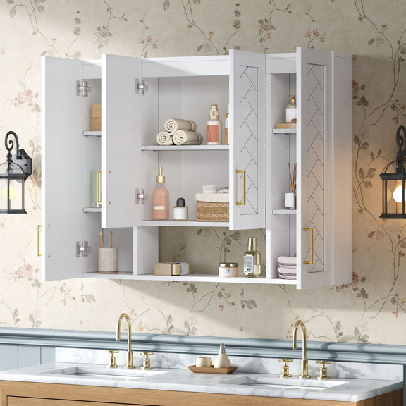 White wall-mounted medicine cabinet open with adjustable shelves and gold bar handles