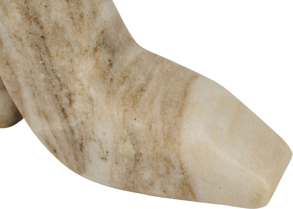 Beige marble high-heel shoe tabletop object side view with natural veining