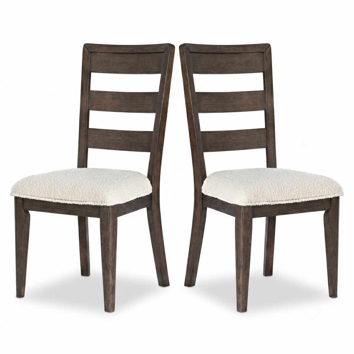 Dark brown dining chair set of 2 with ladder back and beige upholstered seat.