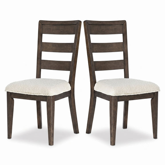Dark brown dining chair set of 2 with ladder back and beige upholstered seat.