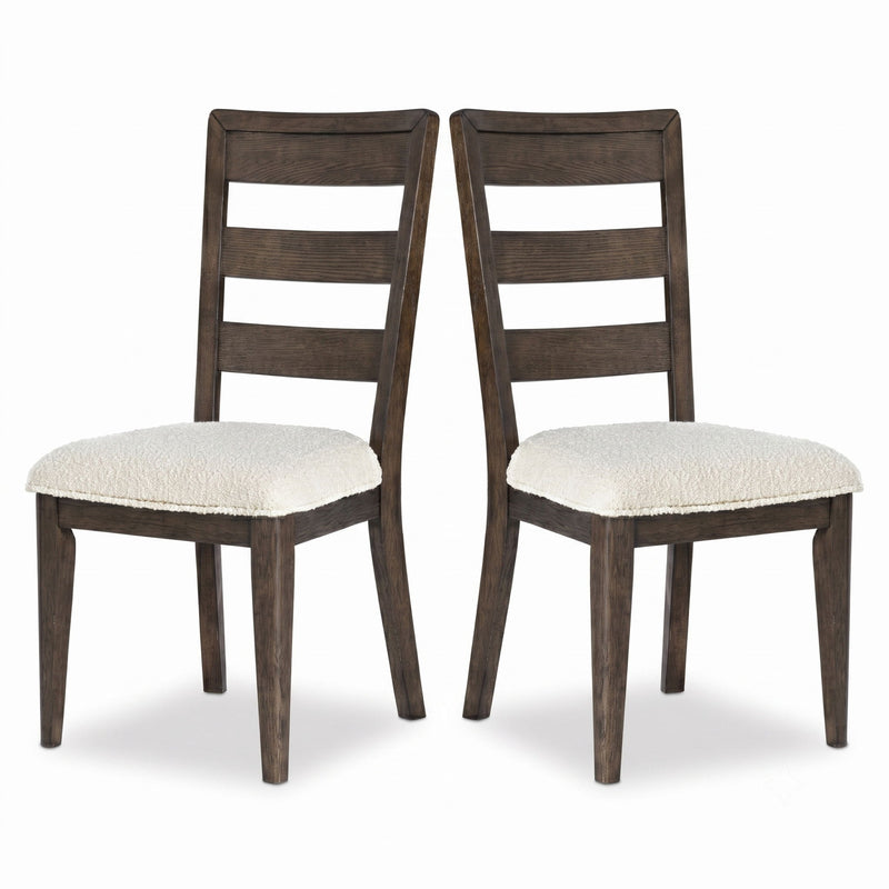Dark brown dining chair set of 2 with ladder back and beige upholstered seat.
