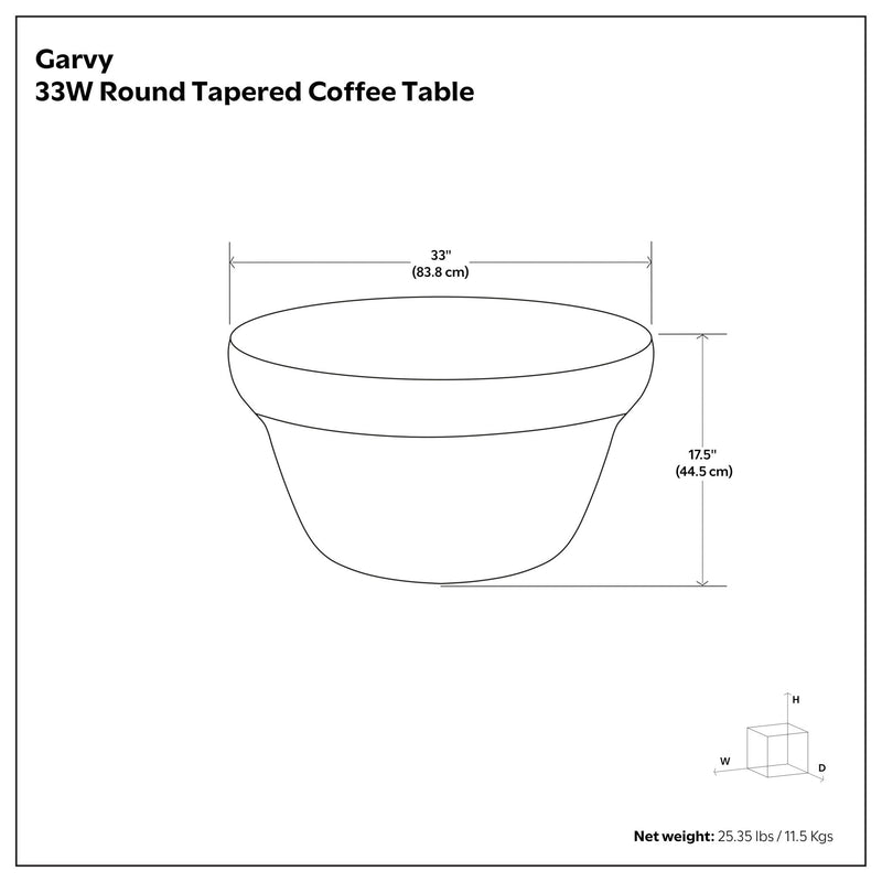 Round tapered coffee table, 33 in wide and 17.5 in high