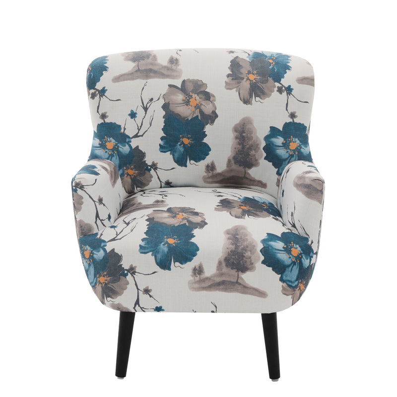 Upholstered armchair with round arms in white and blue floral fabric, black legs