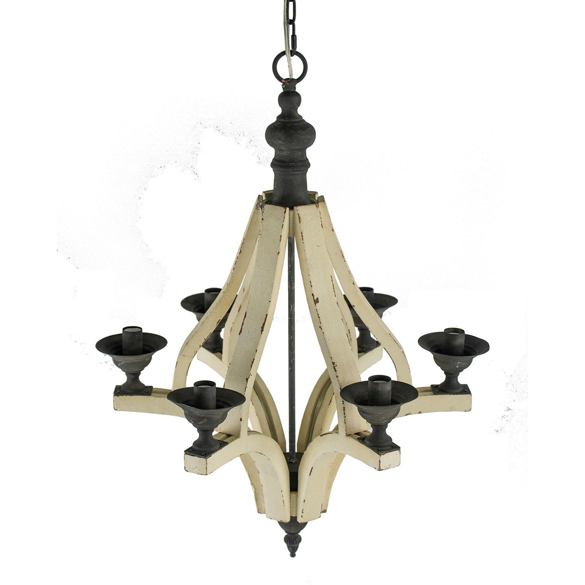 6 Light Wood Chandelier, Hanging Light Fixture With Adjustable Chain For Kitchen, Bulb Not Included - Cream