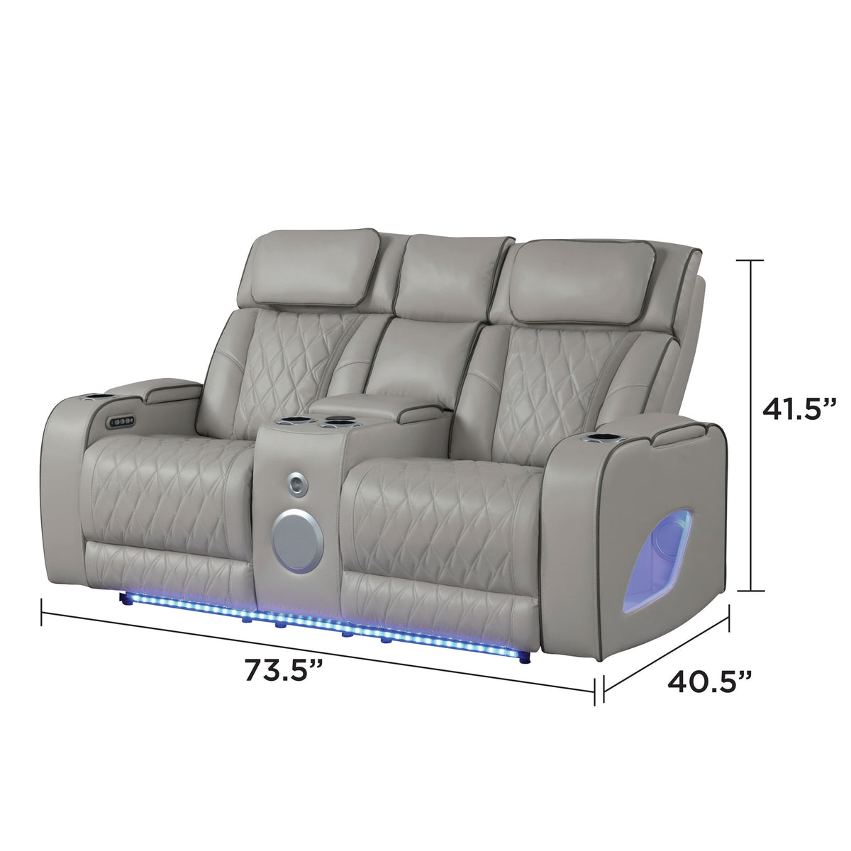 Power reclining loveseat in light gray leather-look with blue LED base and side control