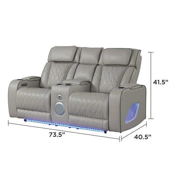 Power reclining loveseat in light gray leather-look with blue LED base and side control