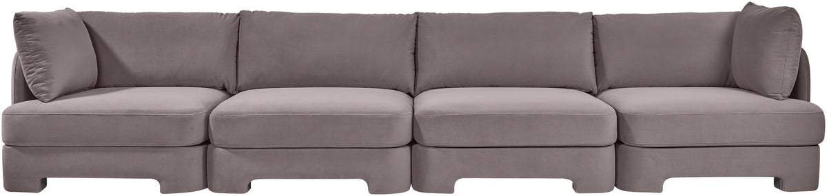 Gray velvet performance fabric upholstered 4-piece sectional sofa with modular ottoman seats
