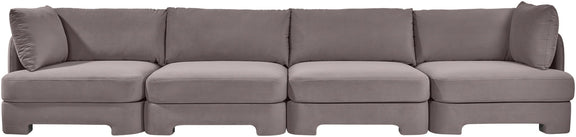 Gray velvet performance fabric upholstered 4-piece sectional sofa with modular ottoman seats