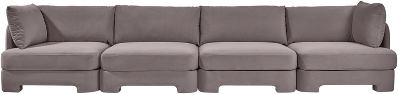 Gray velvet performance fabric upholstered 4-piece sectional sofa with modular ottoman seats