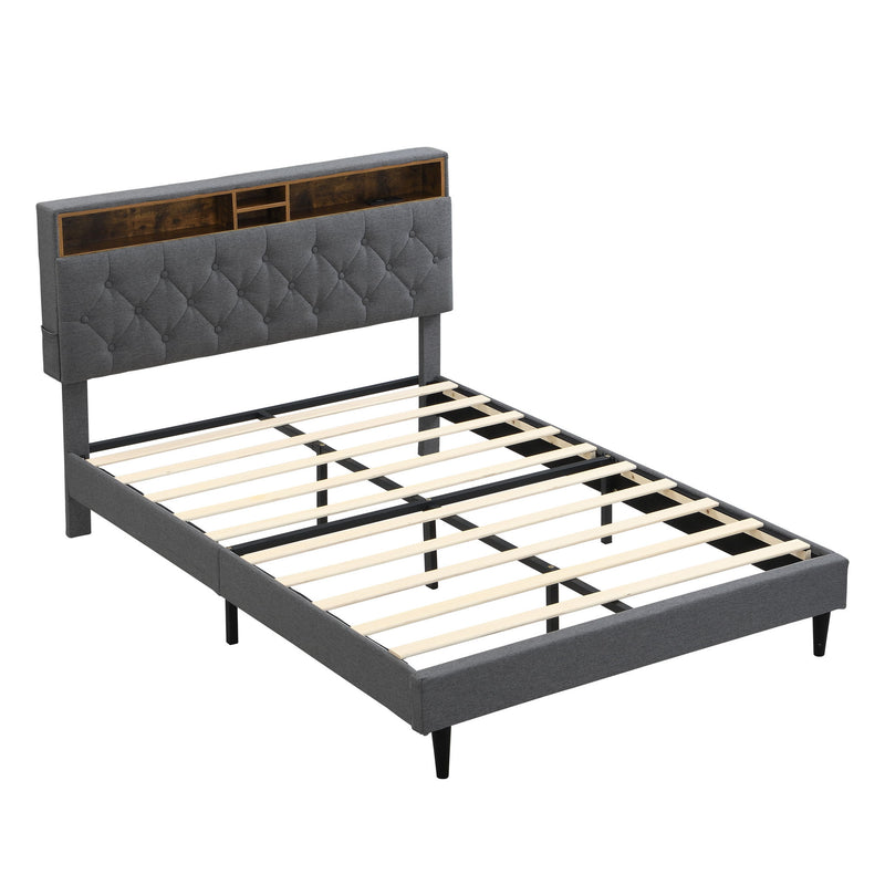 Modern Upholstered Platform Bed Frame With Button Tufted Headboard And USB Ports