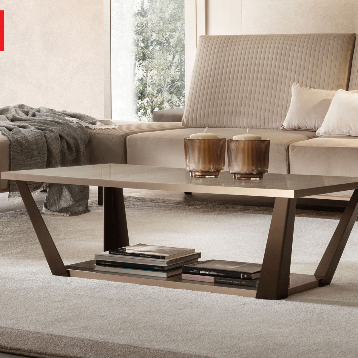 Rectangular beige coffee table with dark brown apron and open lower shelf