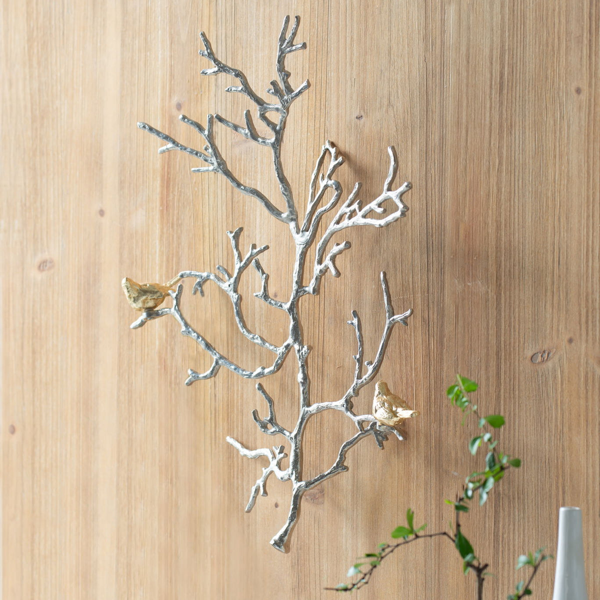 Metal Branch Wall Sculptures With Bird Accents (Set of 2) - Silver Multi