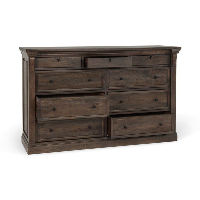 Cocoa brown wood 9-drawer dresser with corner posts and six bottom drawers
