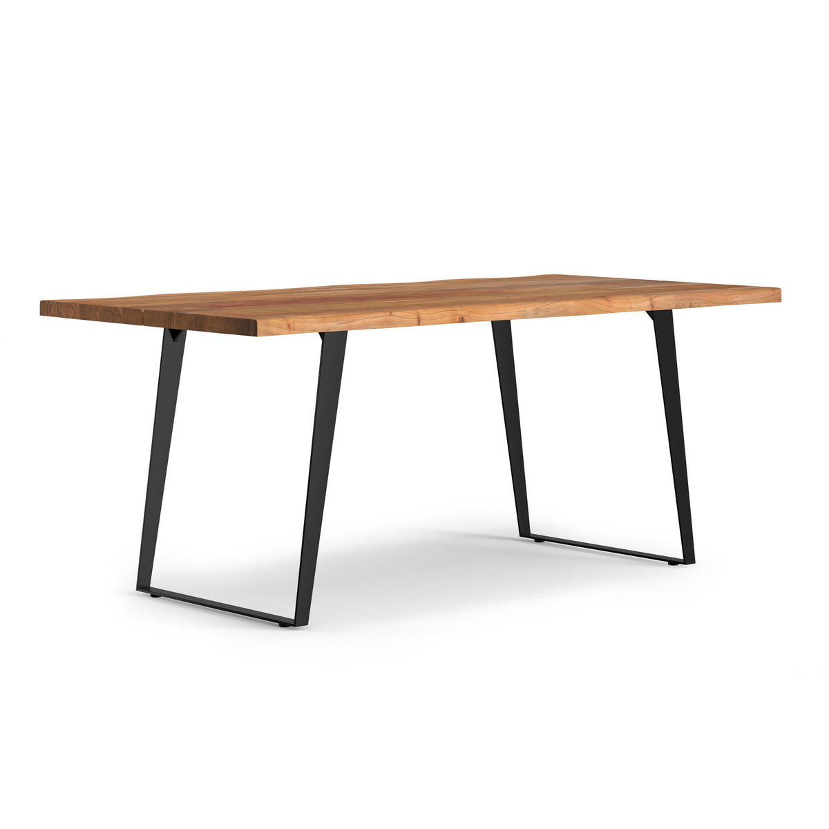 Rectangular dining table with light brown wood top and black metal X-frame legs