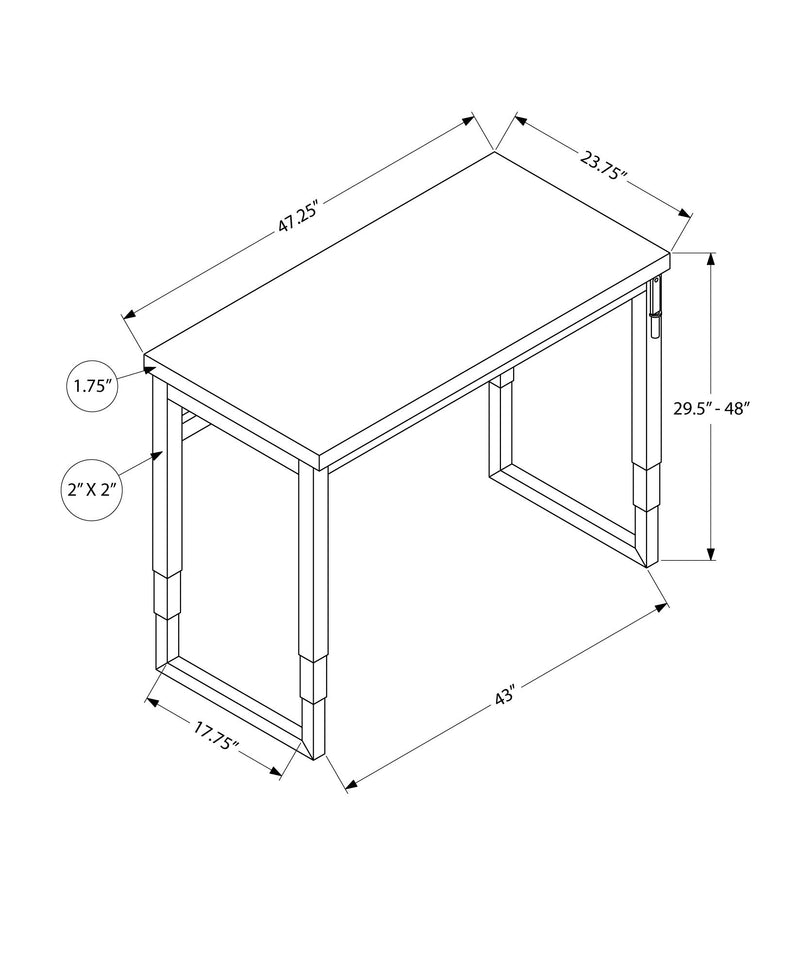 Adjustable standing desk dimension drawing showing tabletop and leg measurements