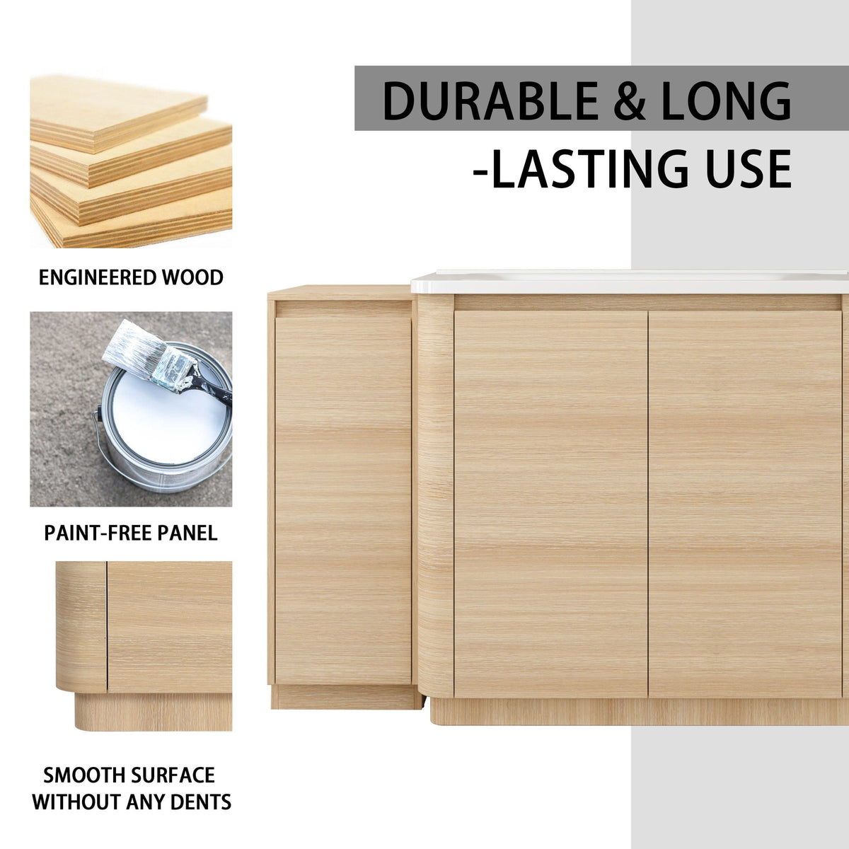Light brown bathroom vanity with smooth front panels and two side storage doors