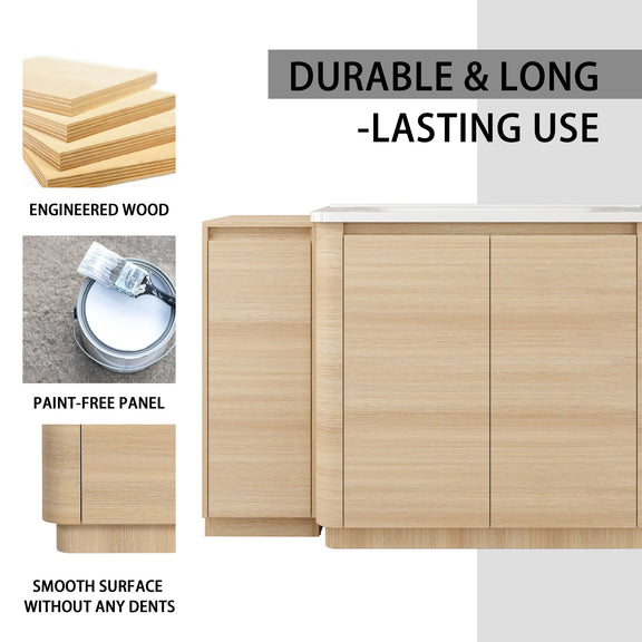 Light brown bathroom vanity with smooth front panels and two side storage doors