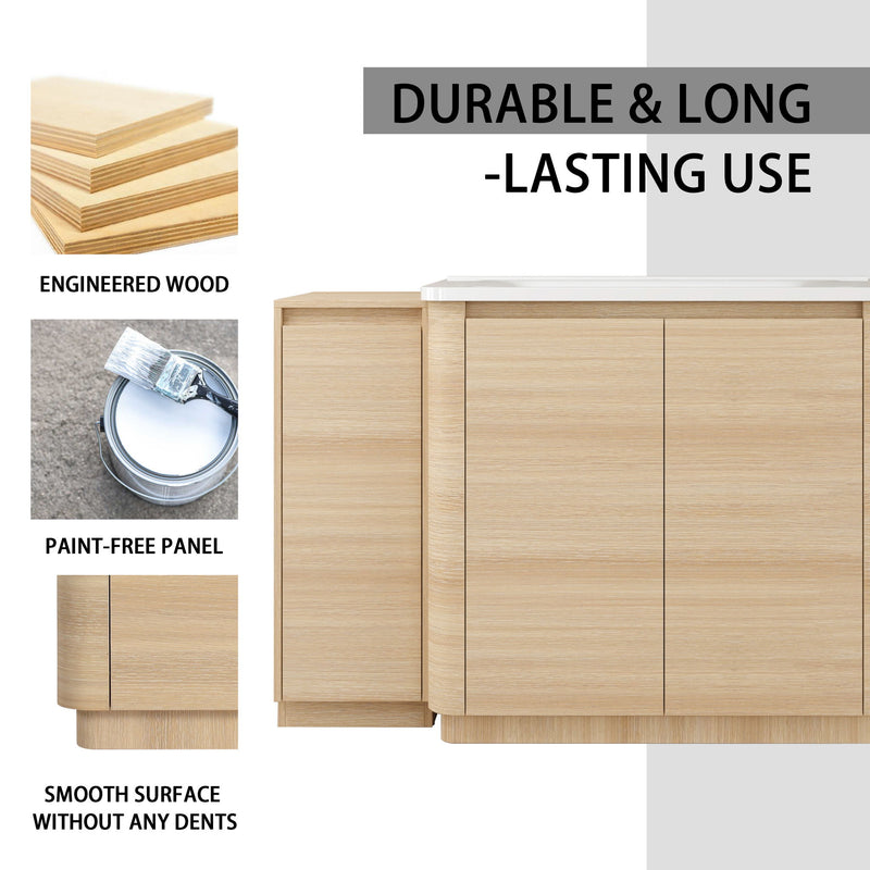 Light brown bathroom vanity with smooth front panels and two side storage doors