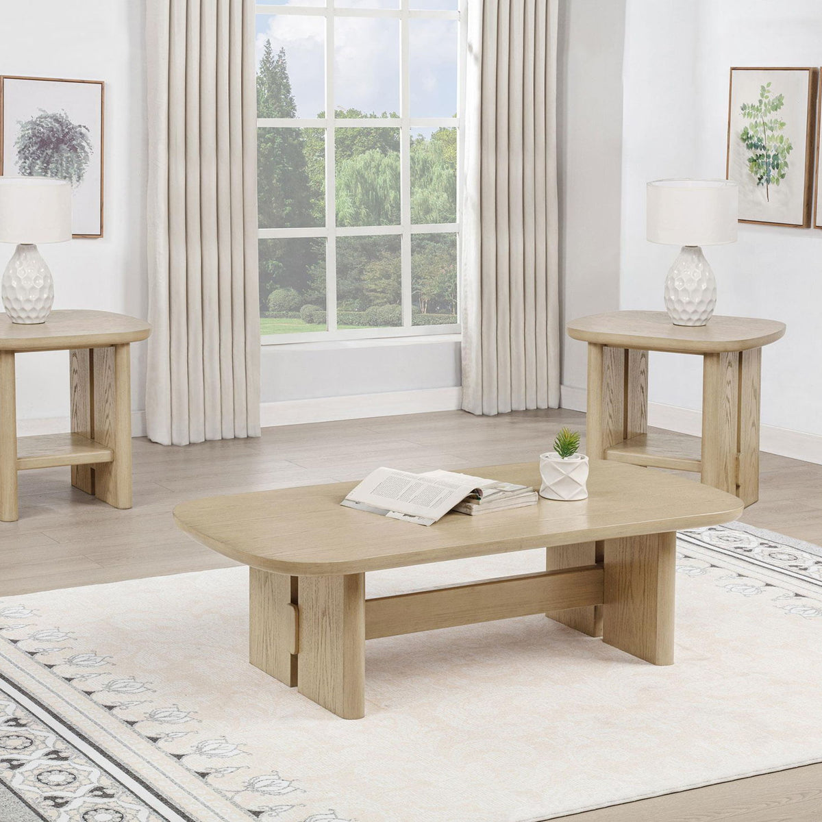 Kailani 3-piece Coastal Coffee and End Table Set Beige Oak