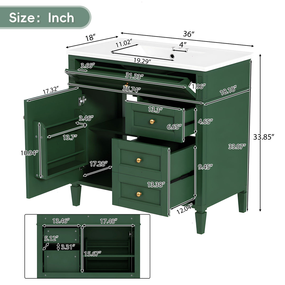 Dark green bathroom vanity with sink, open cabinet and drawers, with dimensions marked in inches.