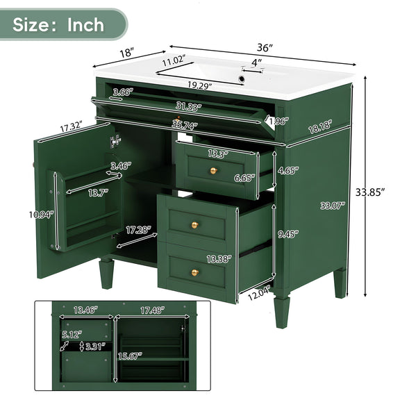 Dark green bathroom vanity with sink, open cabinet and drawers, with dimensions marked in inches.