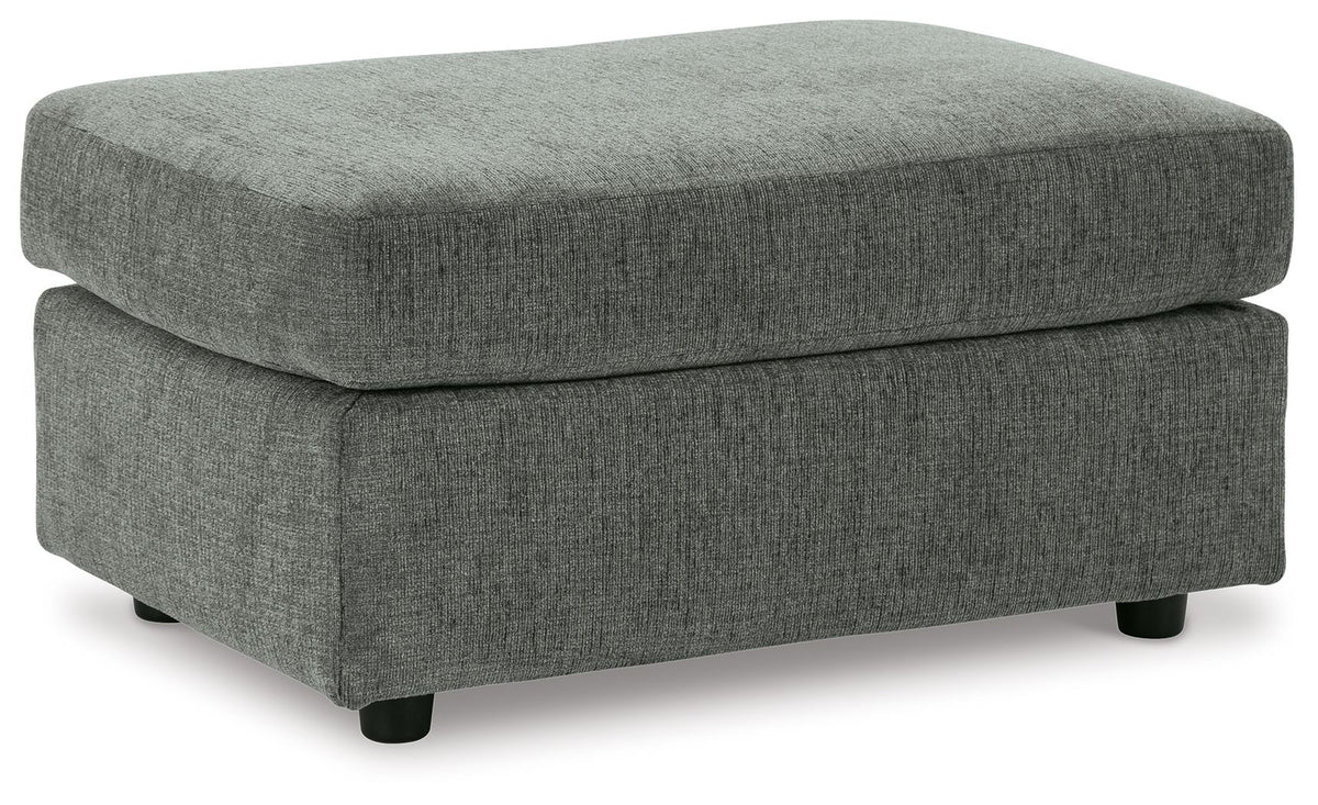 Upholstered fabric ottoman, gravel gray, square with thick padded top and legs