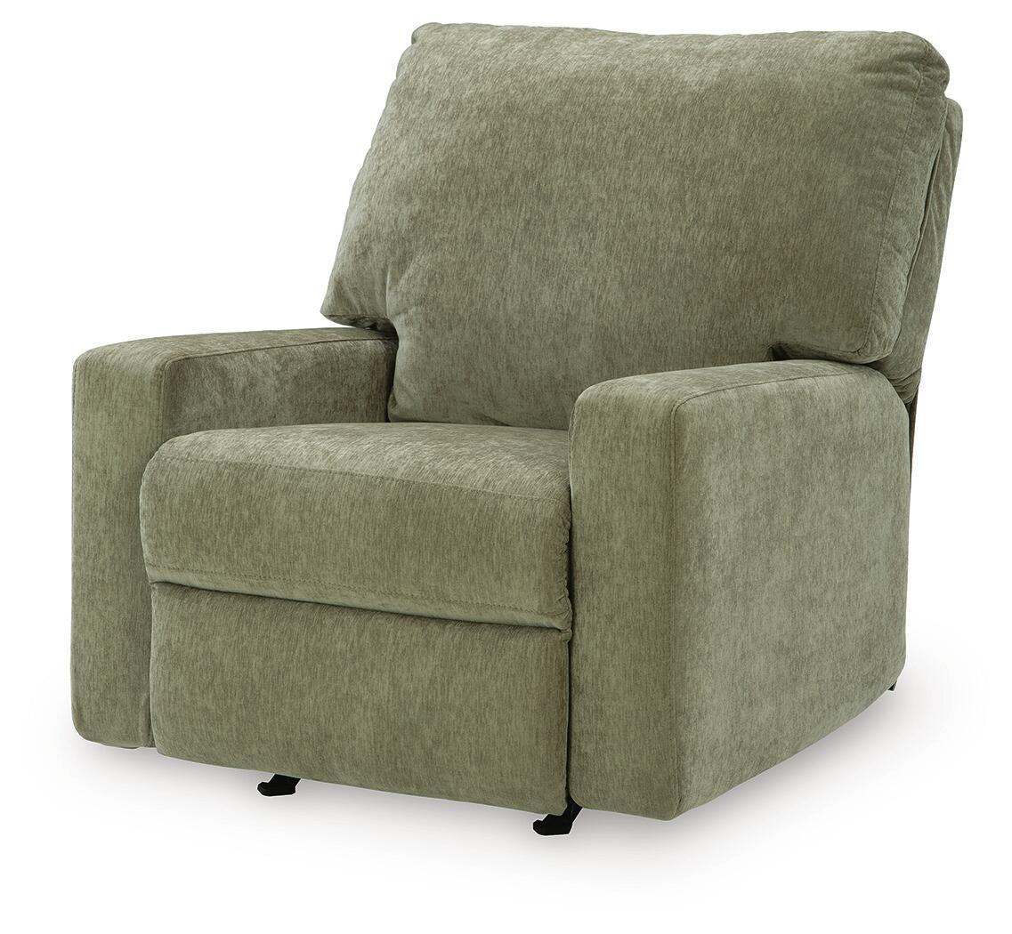 Green upholstered rocker recliner chair with wide arms, tufted seat panel, and recline back