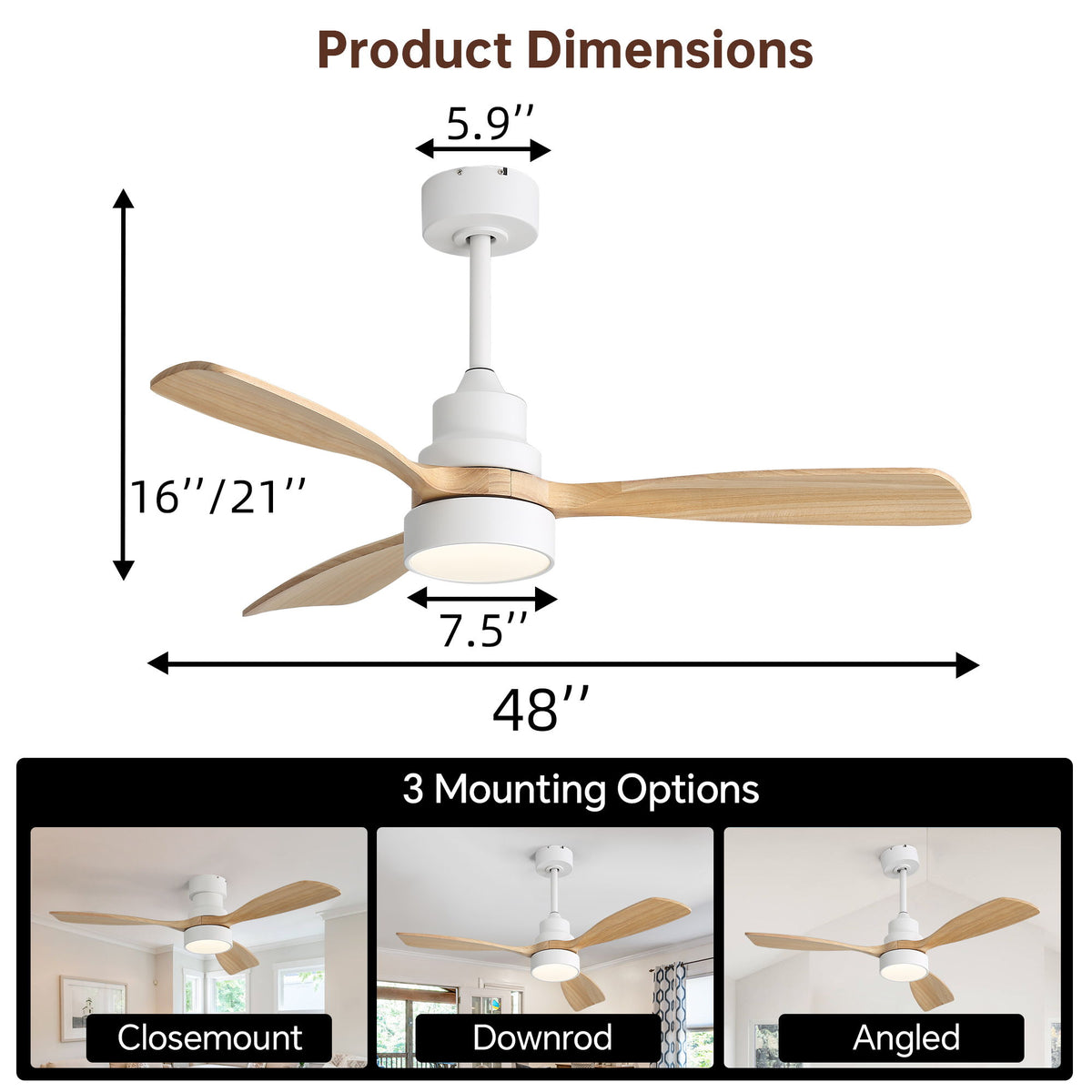 Ceiling fan dimension graphic for 48 in with LED light and three light wood blades