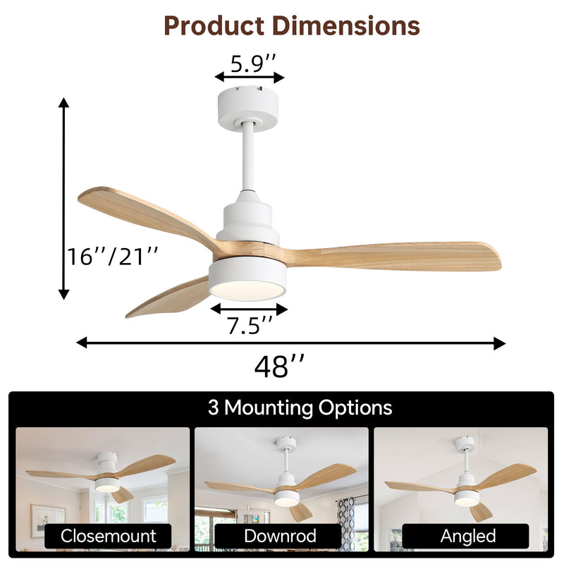 Ceiling fan dimension graphic for 48 in with LED light and three light wood blades