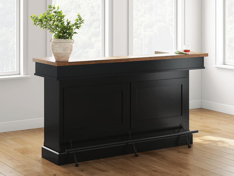 Black bar cabinet with brown wood top, two doors, and black legs