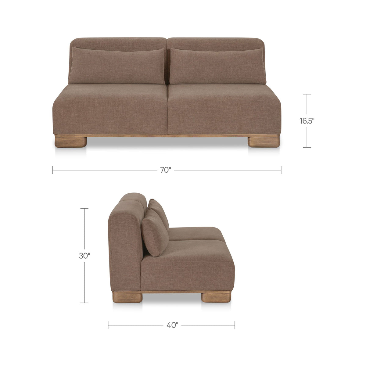 Brown fabric sofa with size dimensions shown (70", 40", 16.5")