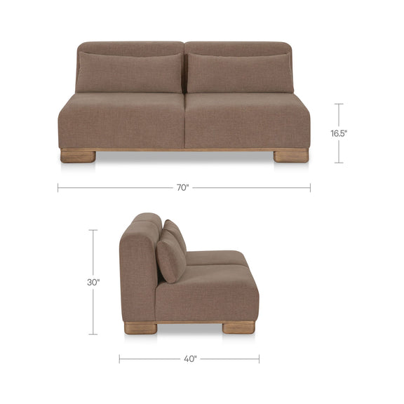 Brown fabric sofa with size dimensions shown (70", 40", 16.5")