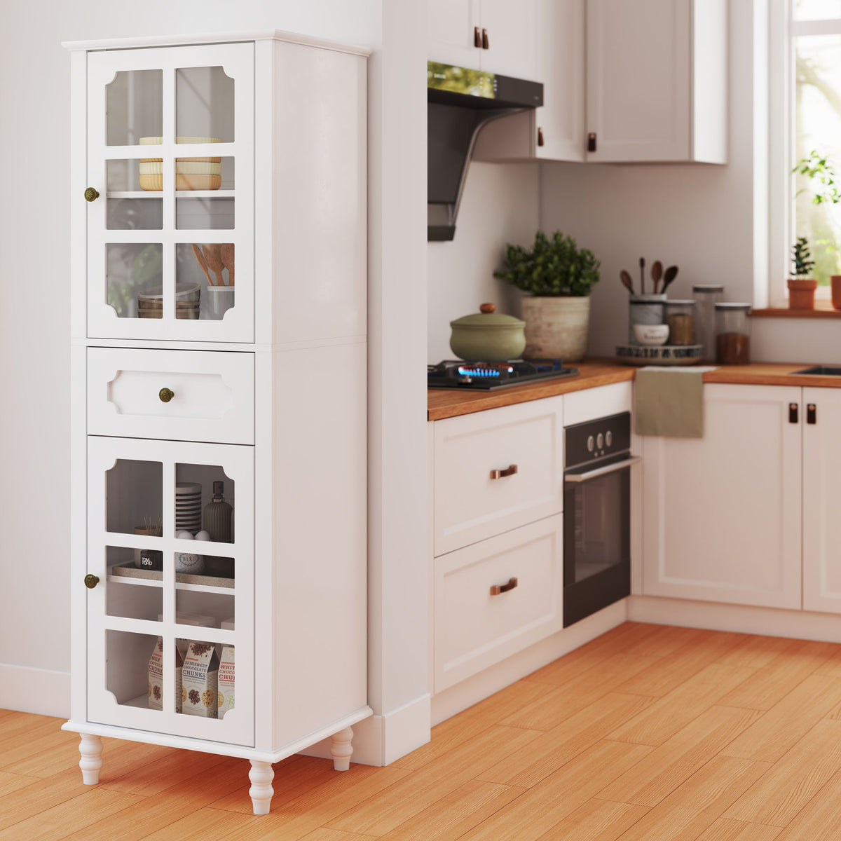White freestanding curio cabinet with grid glass doors, one drawer, and turned legs