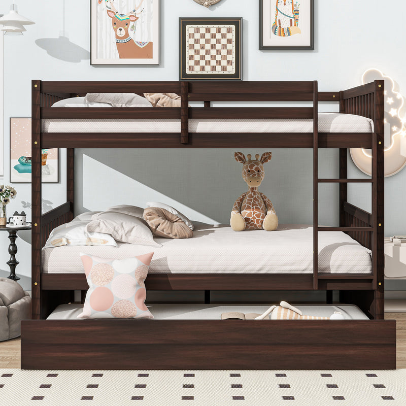 Full Over Full Rubber Wood Bunk Bed with Trundle, Ladder and Guardrails, Convertible to 2 Full Size Beds, with Twin Size Trundle, Espresso