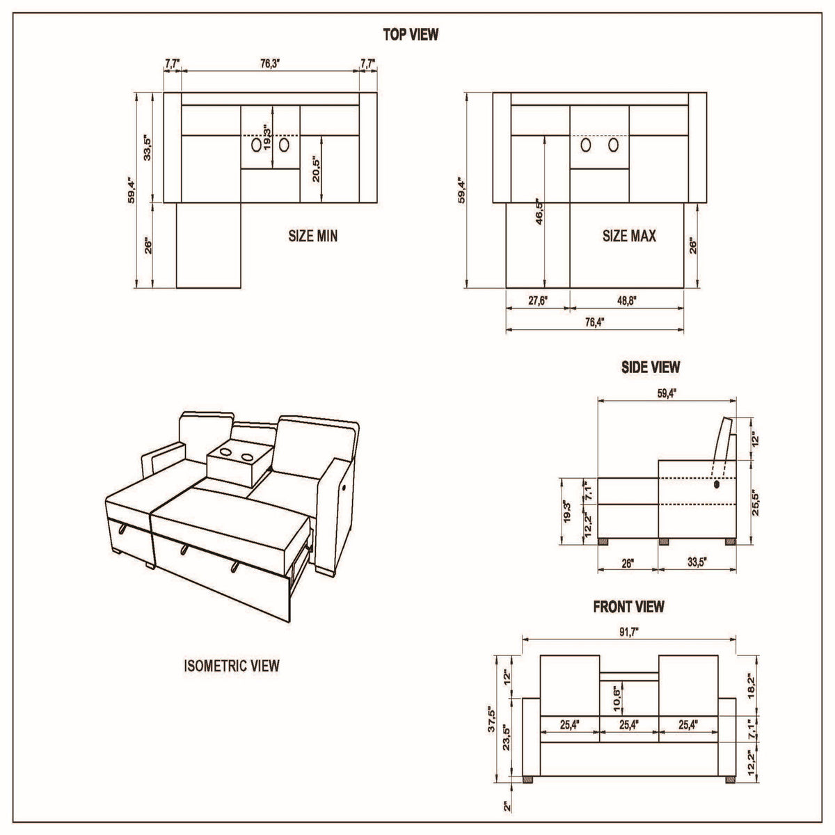 Sofa bed size diagram with top, side, front views and isometric layout